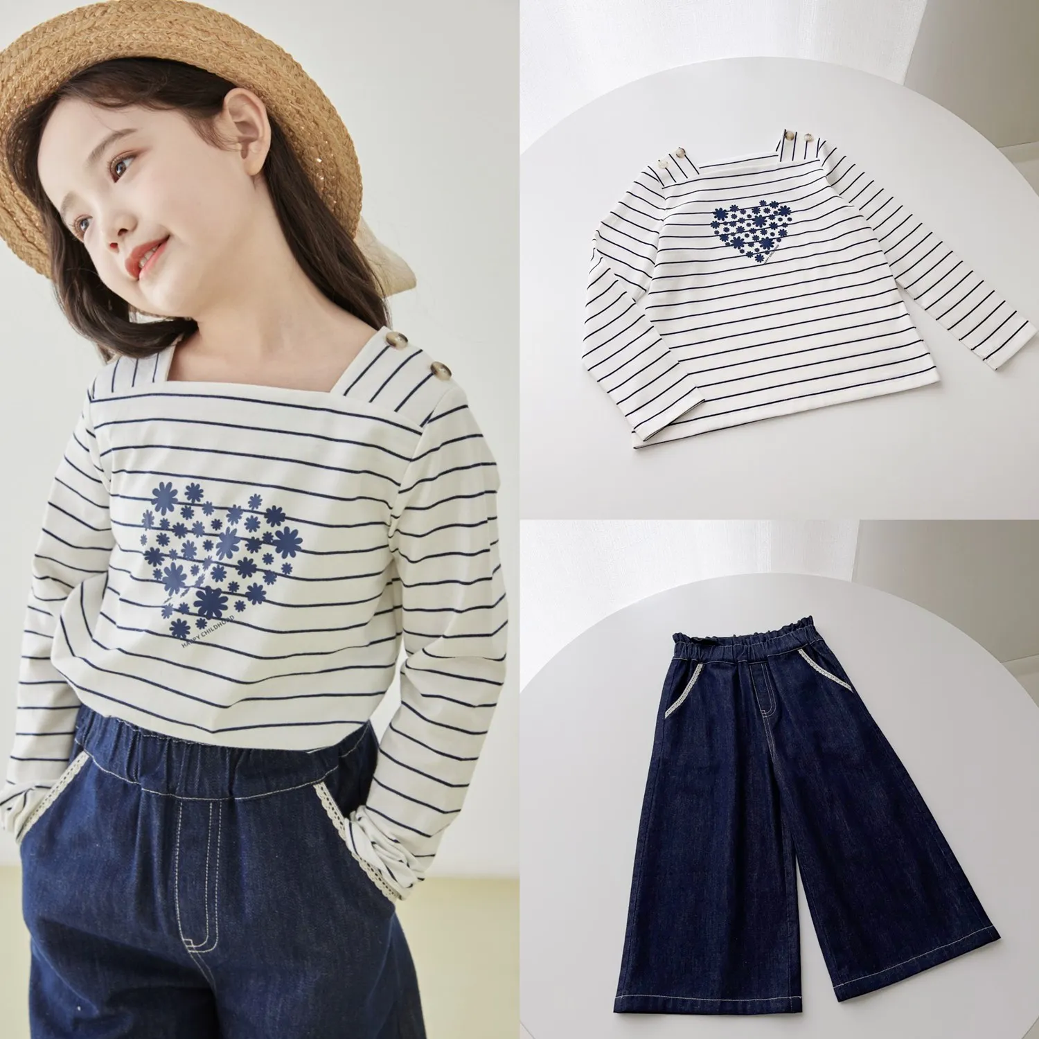 

Pre-sale Send March 10th summer baby girls tops Square-neck striped t-shirt love pattern printed long-sleeved blouse
