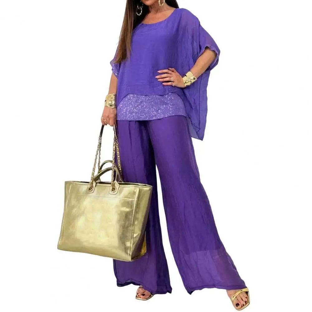 Женский комплект из топа с блестками и брюк широкими штанинами для женщин наряд