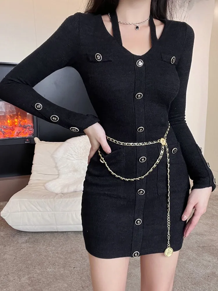 

Chain Bandage Bodycon Dress For Women Button Pockets Vestidos De Mujer Patchwork V-Neck Mini Aesthetic Clothing Slim Streetwear