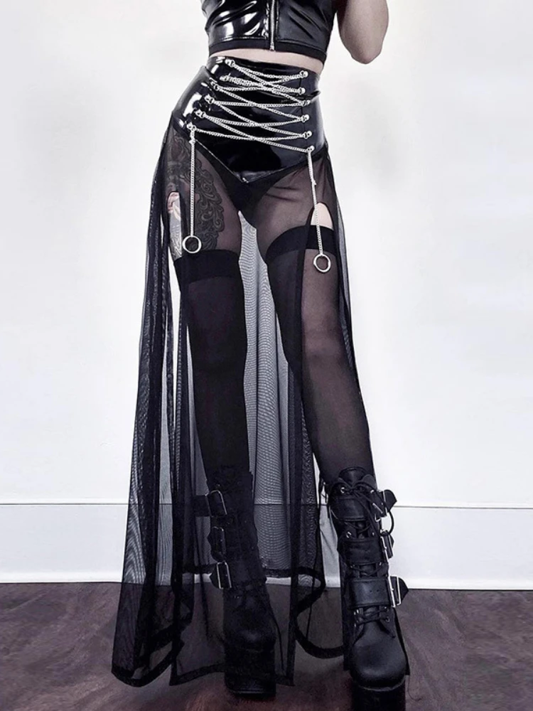 

Черная сексуальная Глянцевая кожаная сетчатая юбка в готическом стиле, юбки с разрезом и высокой талией, женская уличная одежда