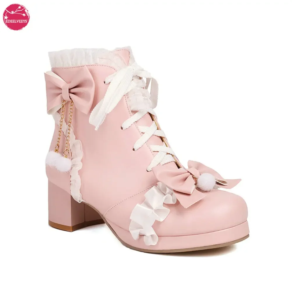 Женские милые ботинки в стиле Лолиты ботильоны на массивном среднем каблуке с