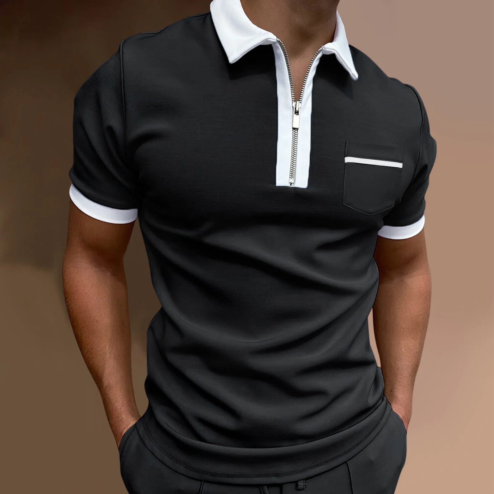

Summer 2022 New Fashion Breast Pocket Polo Men's Polo Lapel Slim Monochrome Zipper Breathable Polo Business casual Men's Wear