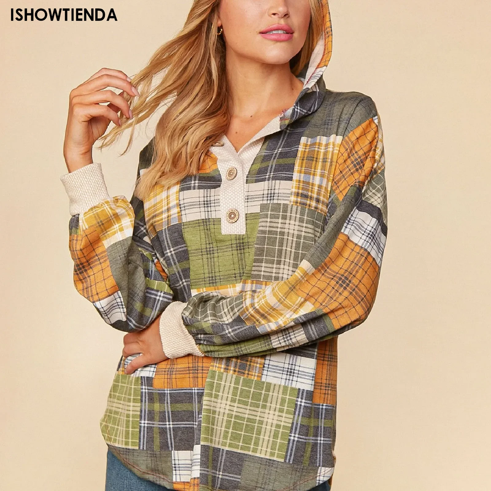 

Модный женский пуловер 2023, свитшот, осенний клетчатый принт, лоскутный пуловер с капюшоном и длинным рукавом, повседневный Топ, толстовки, одежда