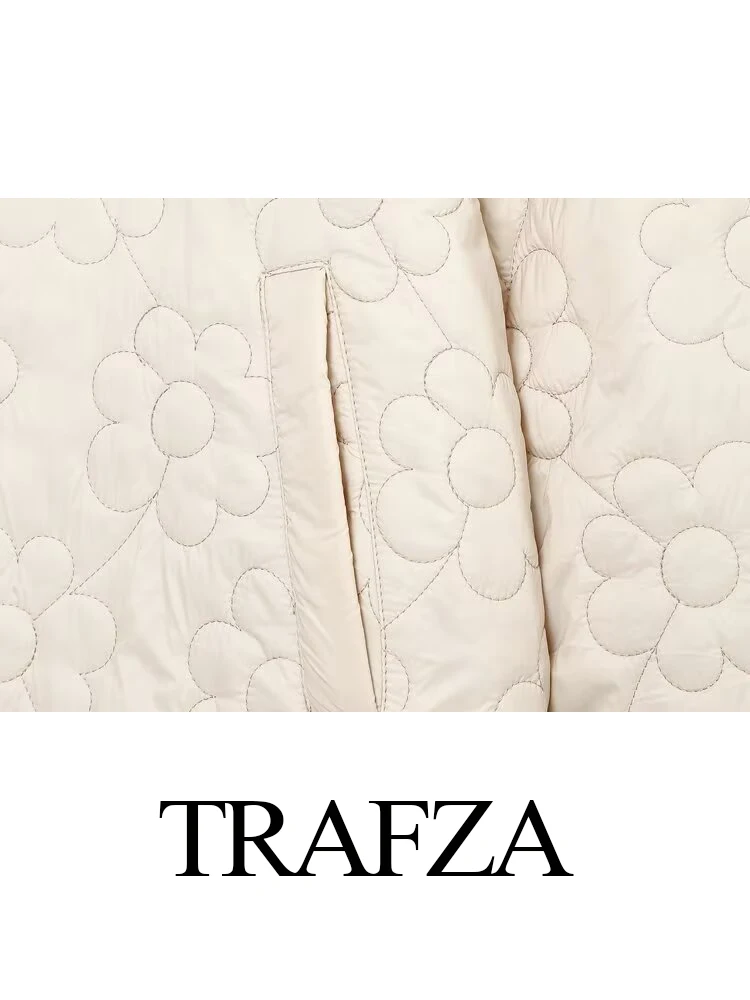 TRAFZA Women's Winter Fashion Padded Floral Printed Cotton Coat Female Elegant Versatile Warm Hidden Button Long Sleeve Jacket