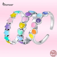 bamoer new fashion rainbow heart shape silver ring for women real 925 sterling silver colorful star ring fine all match jewelry