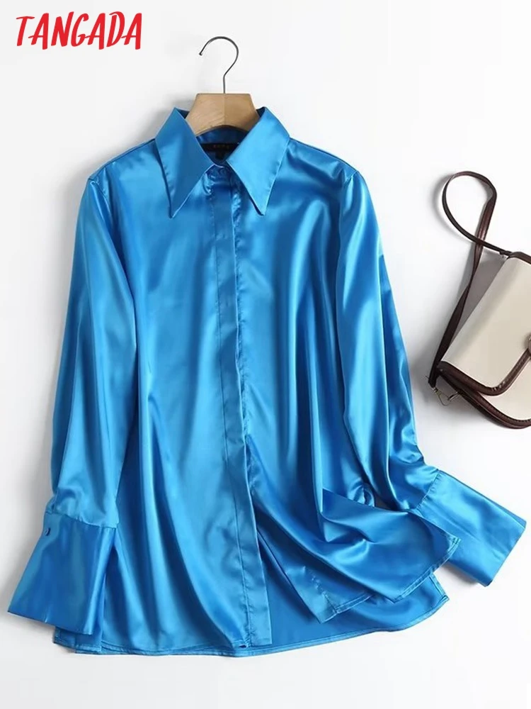 

Tangada Women Retro Satin Blue Long Shirt Long Sleeve Chic Female Casual Loose Shirt Tops 4C84