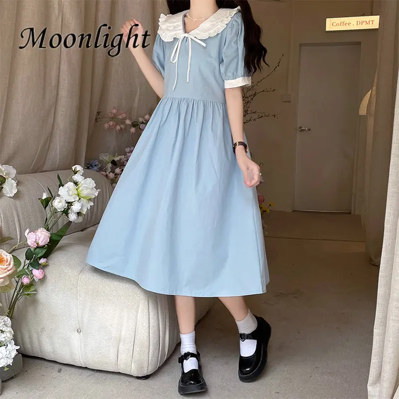 

Peter Pan Collar A-Line Vestidos Summer Japanese Sweet Lace Up Midi Dress Women Korean Fashion Preppy Style Casual Female Dress