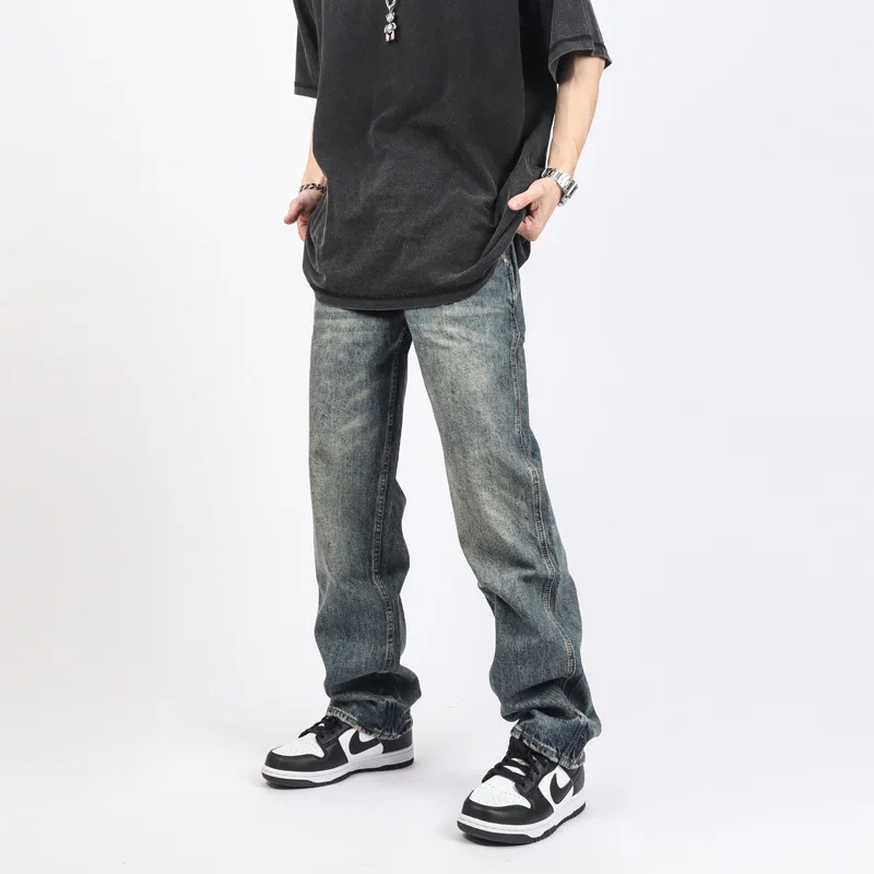 High Street Retro Dark Blue Straight Loose Streetwear Mens Jeans Casual Denim Wide Leg Pants Baggy Full Length Trousers