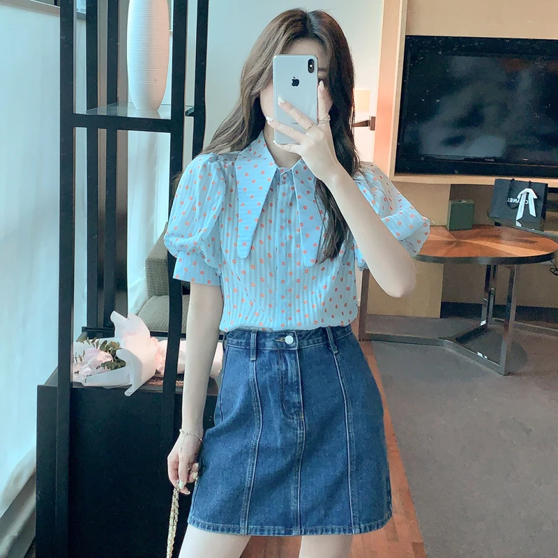 Blusas Mujer De Moda 2022 Verano Striped Dot Chiffon Blouse Shirt Women Tops Short Sleeve Blouse Women Blouses Femme Shirts E182 images - 6