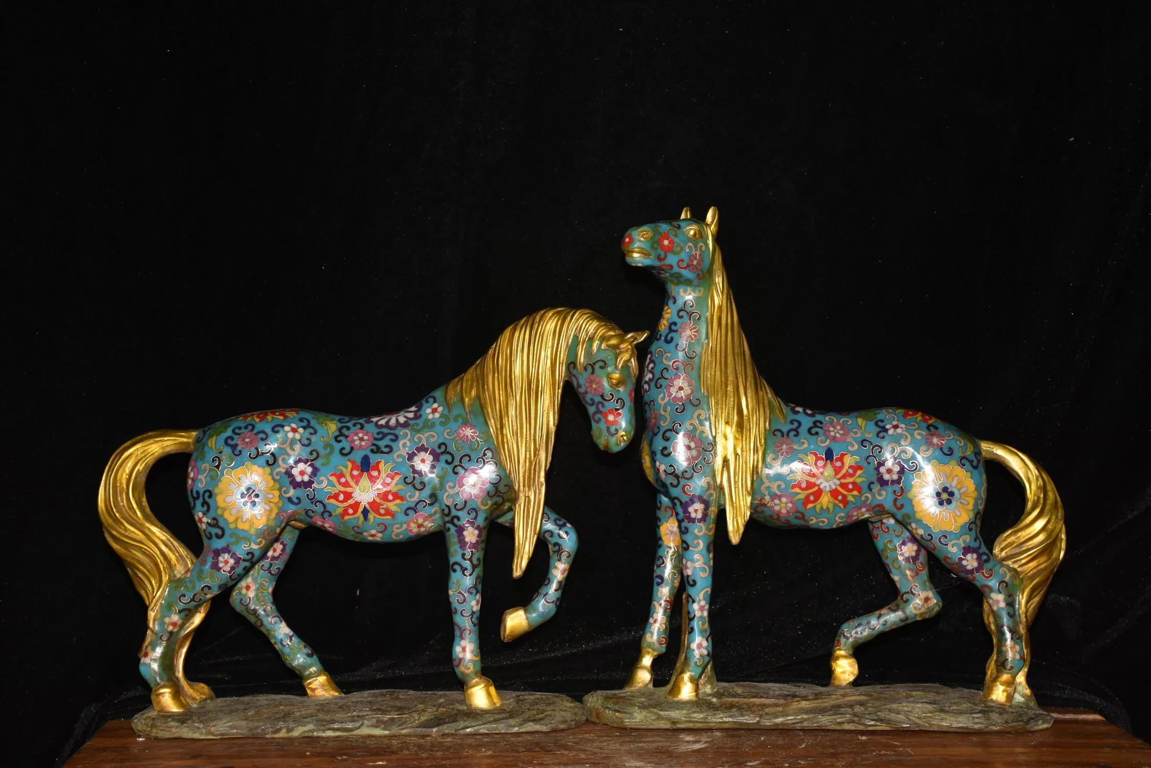 

16"Tibetan Temple Collection Bronze Cloisonne Enamel zodiac horse statue war horse a pair Gather fortune ornament Town house