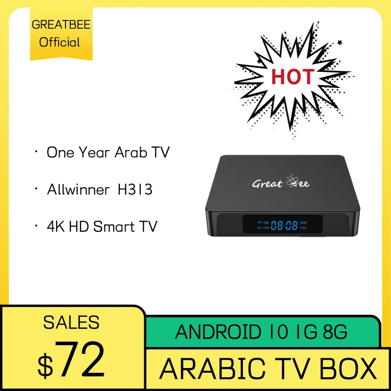 Greatbee Арабская ТВ-приставка один год Allwinner 4K Smart TV S медиаплеер, Android 10 Арабский ТВ-приемник