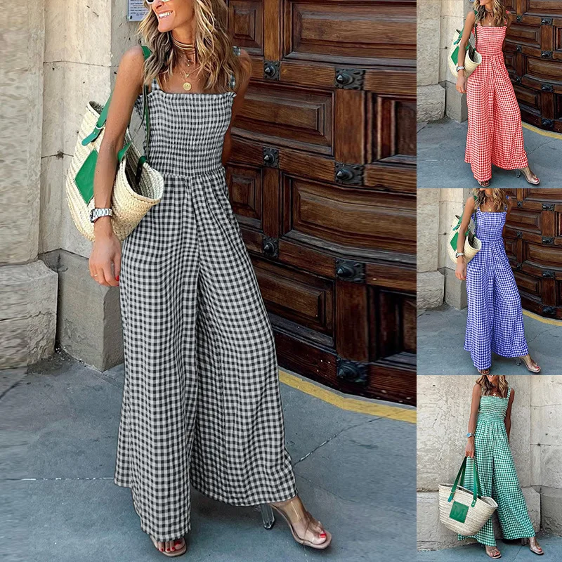 

Women's Clothing 2022 Autumn Summer Elegant Retro Plaid Loose Backless Jumpsuit Sleeveless High Waist Plaid