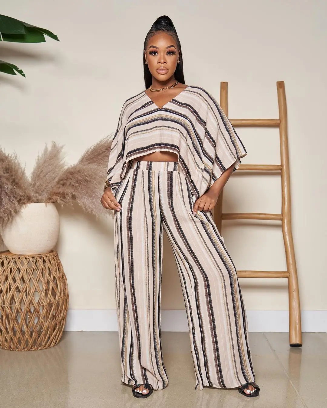 

Chocomist Two-pieces Casual Cozy Striped Loose Women Pants Set