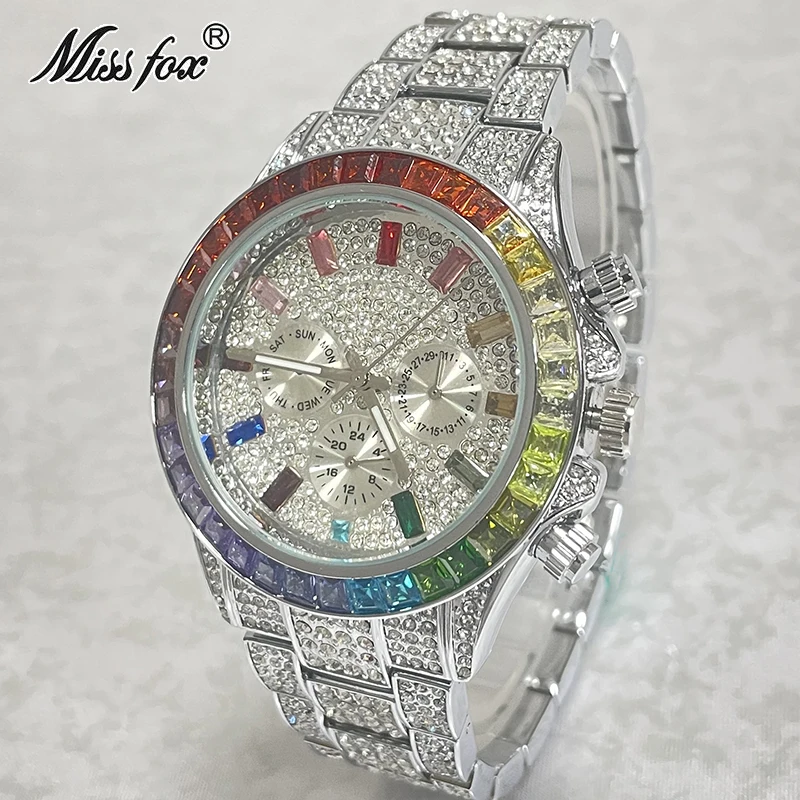 

Luxury Brand MISSFOX Sliver Fashion Watch For Men Iced Out Rainbow Diamond Business Watches Sport Waterproof Clocks Male Relogio