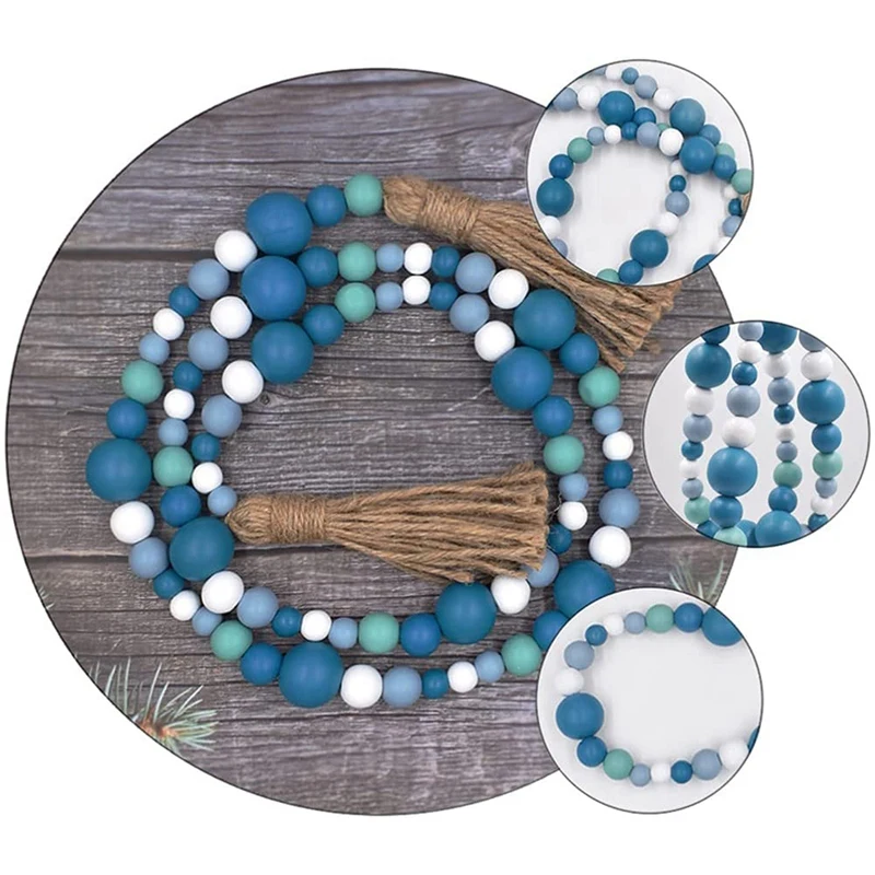 Blue Wood Bead Wreath Nautical Farmhouse Country Style Beaded With Twine Tassels For Home Room Decor