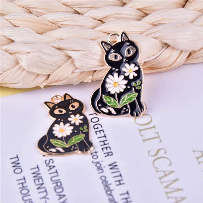 

10 шт., металлические серьги-подвески в виде кота с хризантемой, 20 х28 мм