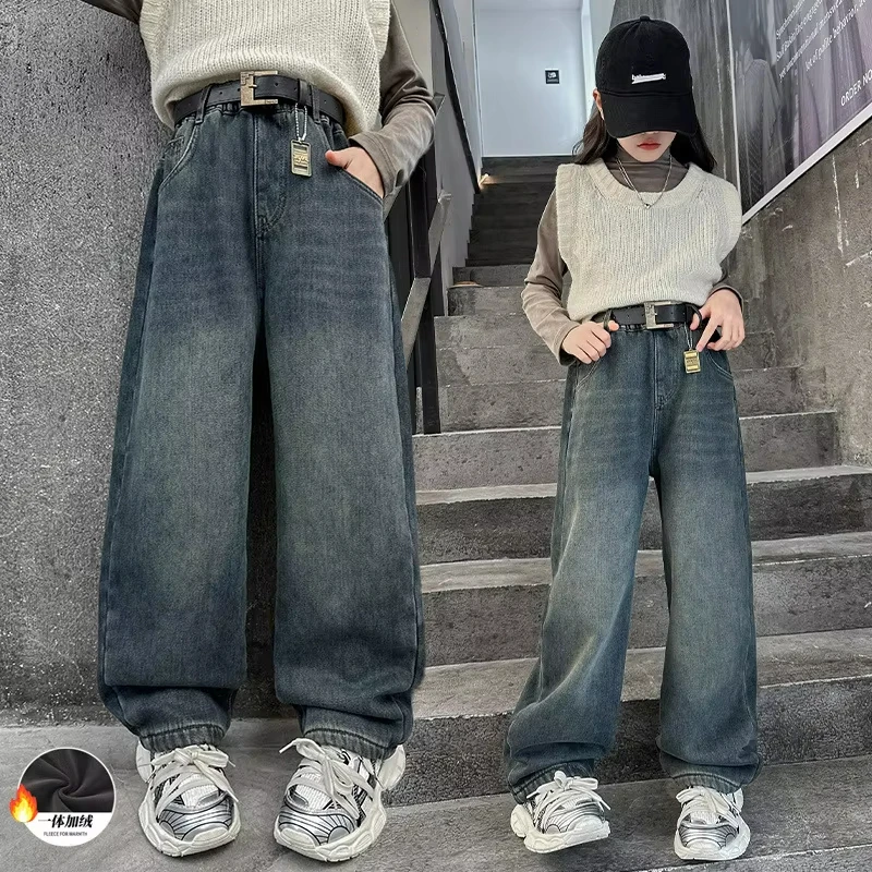 Новые зимние термоджинсы детские флисовые брюки с надписью для детей модный