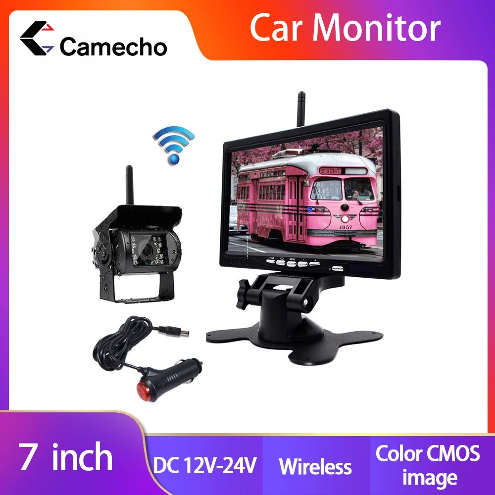 Camecho 7"HD LCD Waterprooof Wireless 12V 24V Backup Rear View Camera Monitor Car Monitor For Bus Truck RV Trailer Excavator