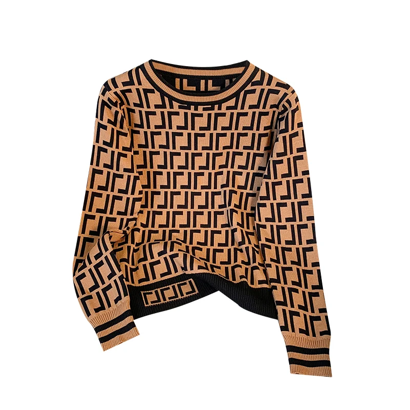 Винтажный Женский Клетчатый Жаккардовый Свитер Вязаные Пуловеры С Длинными