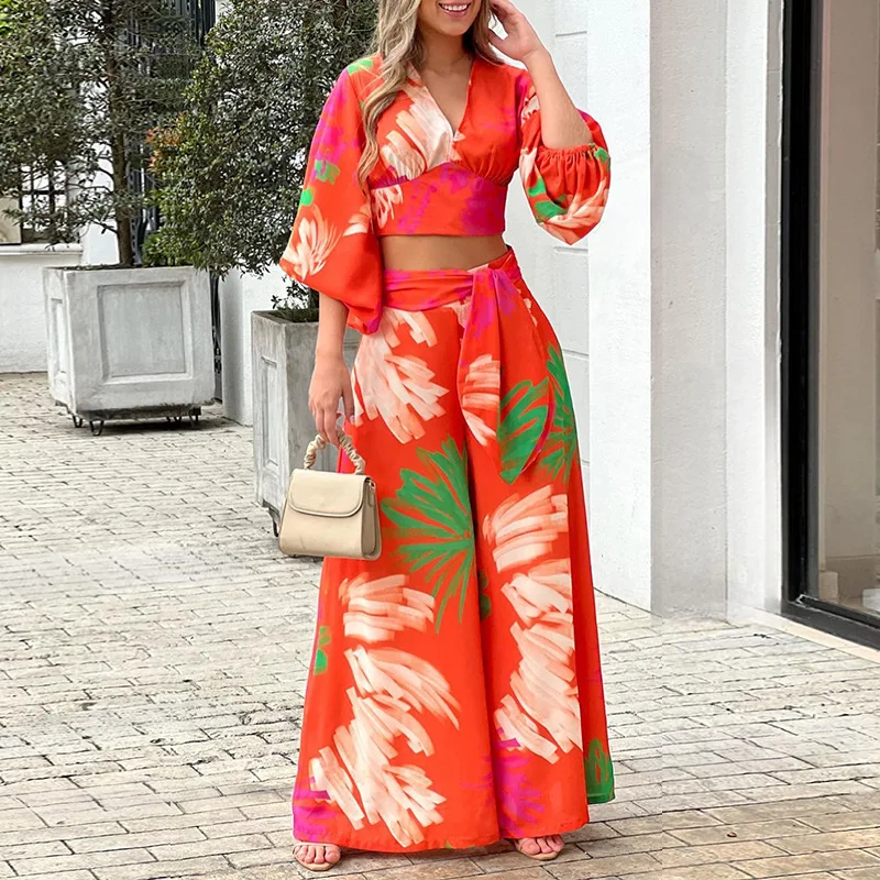 

Summer Sweet Printed Two Piece Sets Women Long Sleeves V Neck Cropped Tops and High Waist Wide Leg Pants Elegant Suits