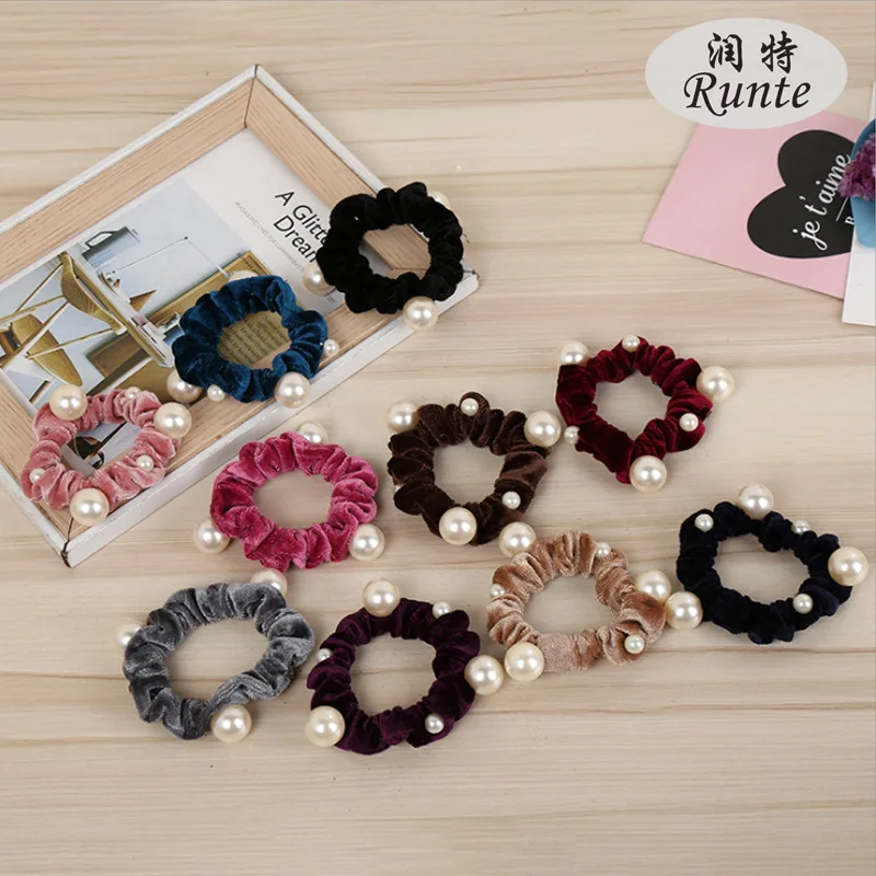 

Fashion Women New Arrival Velvet Pearl Elastic Hair Ropes Scrunchies Girls Crease Hair Ties Aldult Hair Accessories Headwear