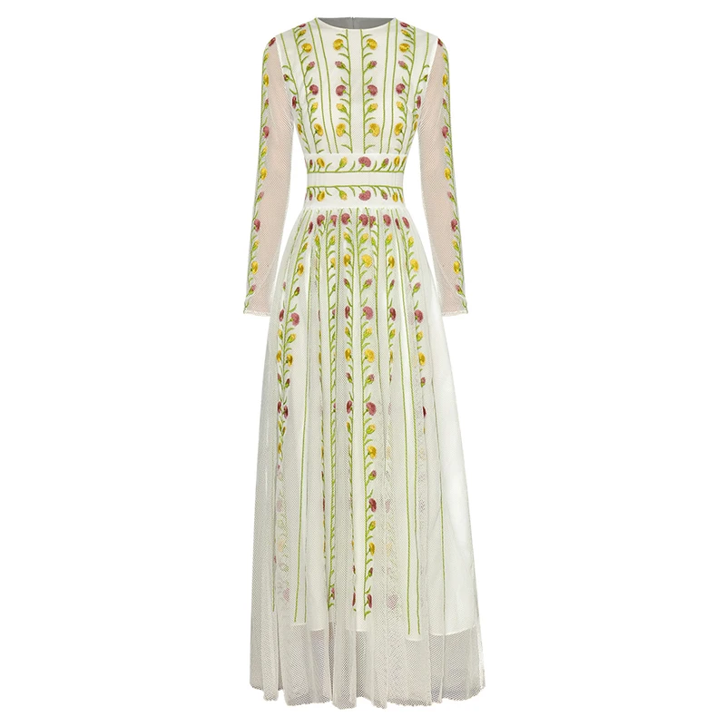 

Heavy Mesh Embroidery Women Dress Elegant O-Neck Long Sleeve A-Line Dresses 2243