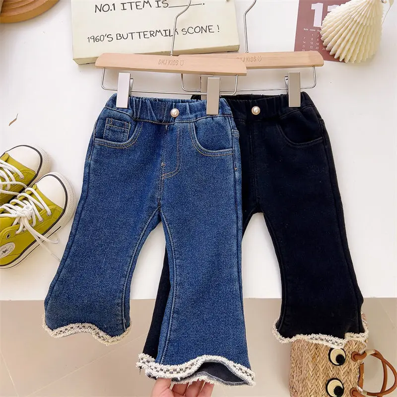 

Sweet Style Girls' Solid Color Mid Waist Trousers Middle Big Children All-match Denim Flared Pants Baby Girl Elastic Slim Jeans