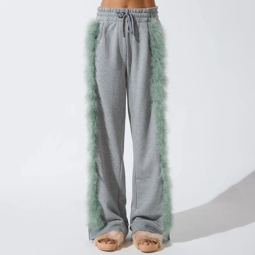 

Women Stylish High Waist Ostrich Feathers Jeans Denim Pants Streetwear patchwork Women trousers A06