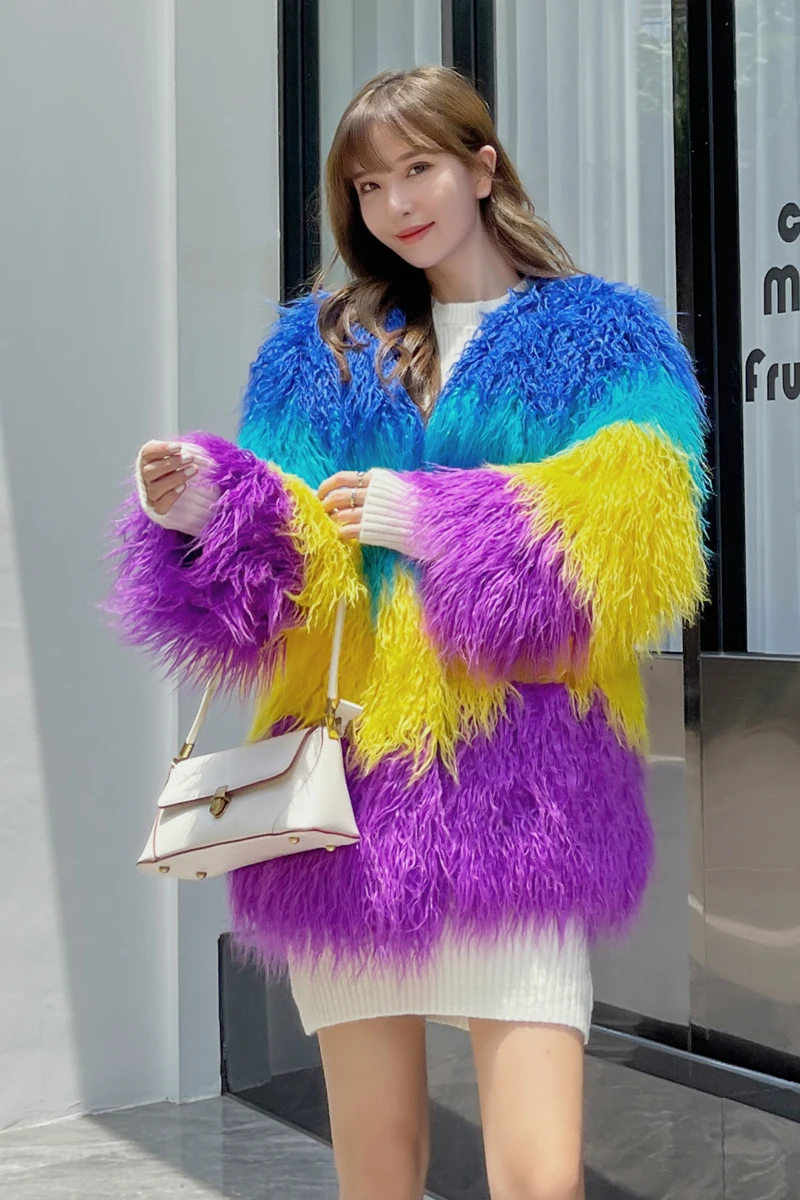 Fashion 2023 New Color Women's Imitation Fur Stitching Contrast Color Jacket Fashion Mid-Length Artificial Lamb Wool Coat Women