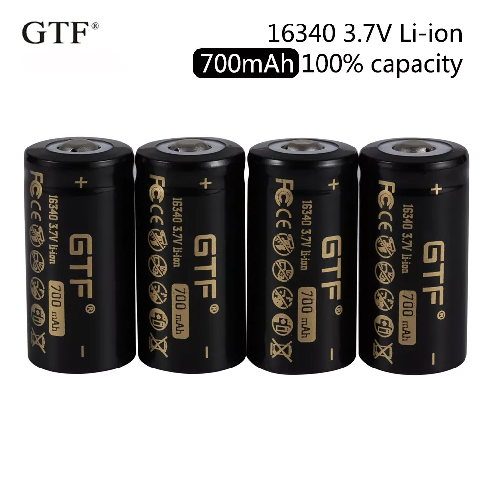

2020 New GTF 16340 700mAh 100% capacity 3.7V Li-Ion Rechargeable Battery for LED Flashlight point head