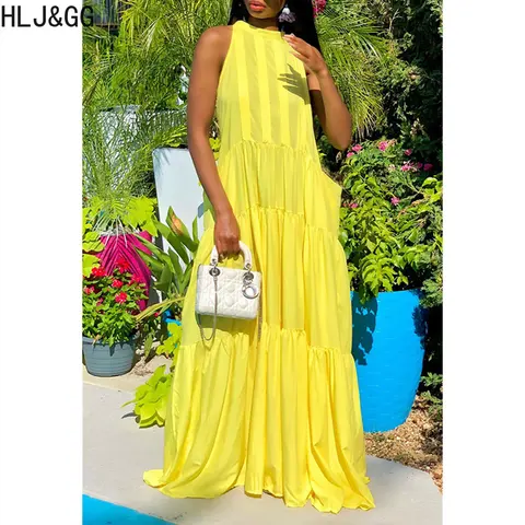 HLJ&GG Yellow Summer Sleeveless A-line Floor Dresses Women Round Neck Loose Party Club Robe Vestidos 2023 New Female Clothing