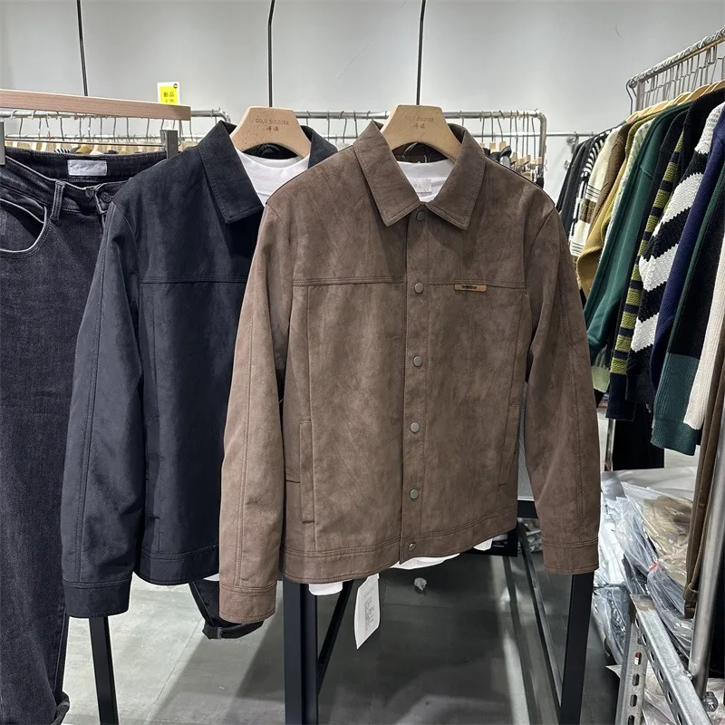 Autumn New Men's Lapel Deerskin Velvet Jacket Trendy American Cargo Casual Top Clothes Youth Outerwear Men