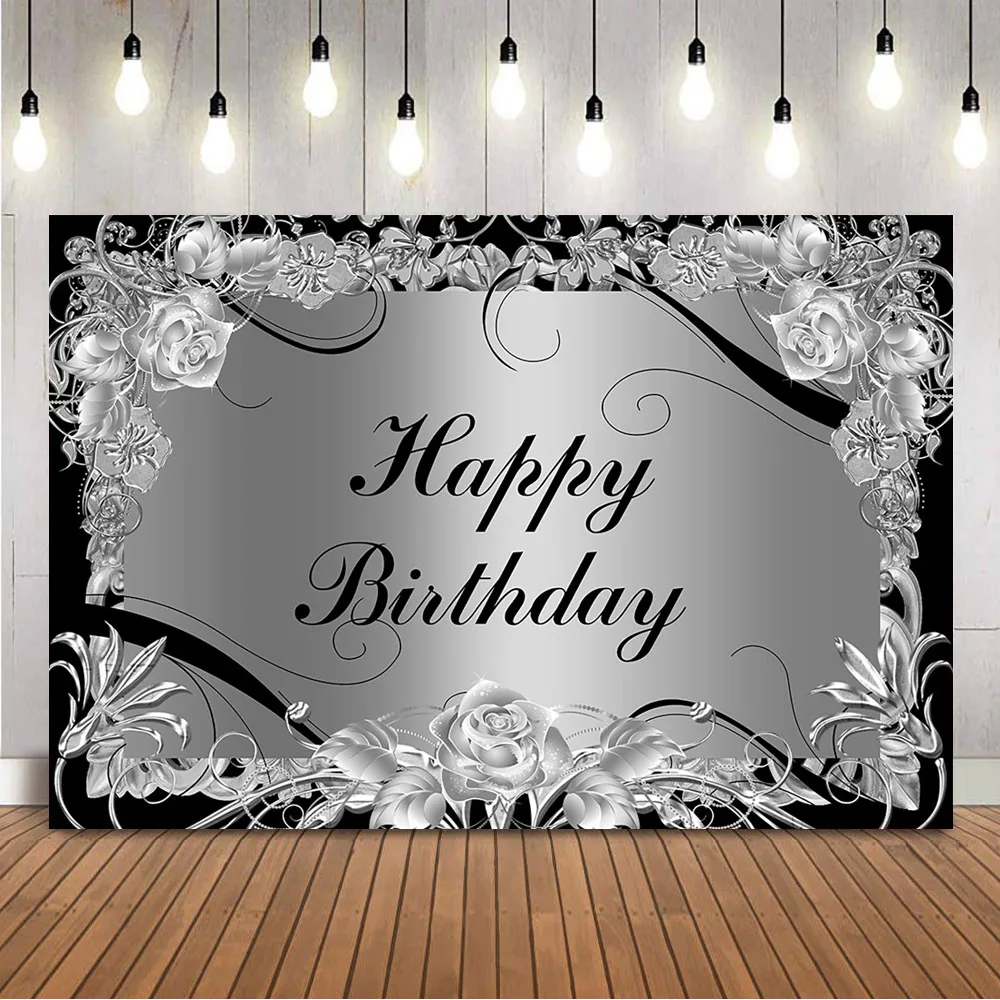 

Happy Birthday Black Background Gery Flowers Backdrop for Photoshoot Props Adult Women Theme Party Decorations Photocall