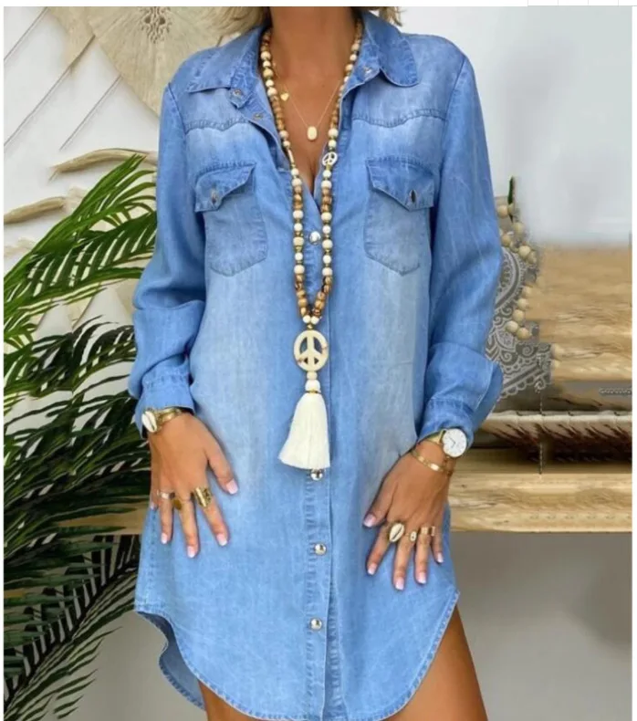 

2022 Long sleeve button pocket wash shirt denim dress