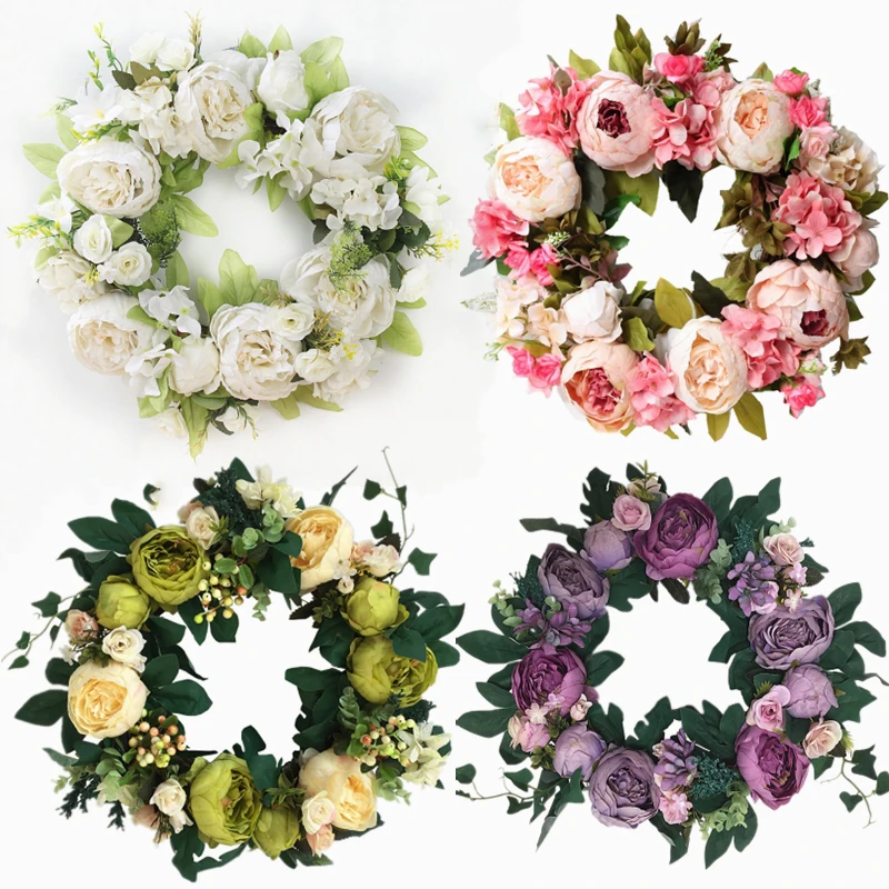 

16'' Artificial Flower Garland Door Wreath Hawaii Floral Garland Silk Rose Flower Peony Flower Wreath Wedding Wall Hanging Decor