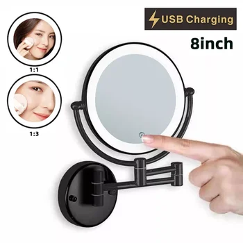8 inch Wall Mounted Matte Black Makeup Mirror 3X Magnifying Double Side Folding Arm USB Charging Bathroom Smart Cosmetic Mirrors