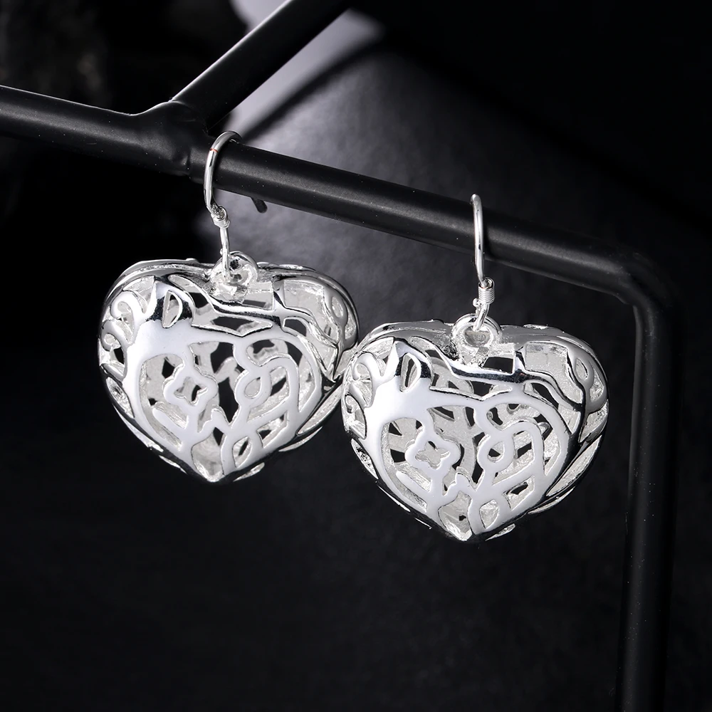 

New 925 Stamp Silver color Earrings for Women Beautiful hollow big heart Fashion Gifts Wedding party Jewelry