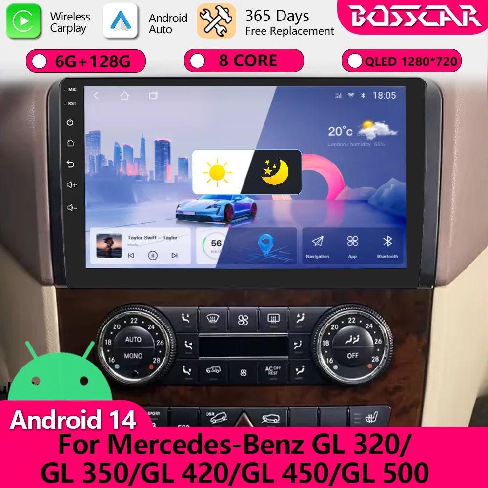 Фото BOSSCAR Android 14 Carplay 2 Din стерео автомобильный мультимедийный GPS 2din радио для Mercedes-Benz GL 320/GL 350/GL 420/GL 450/GL 500 №1