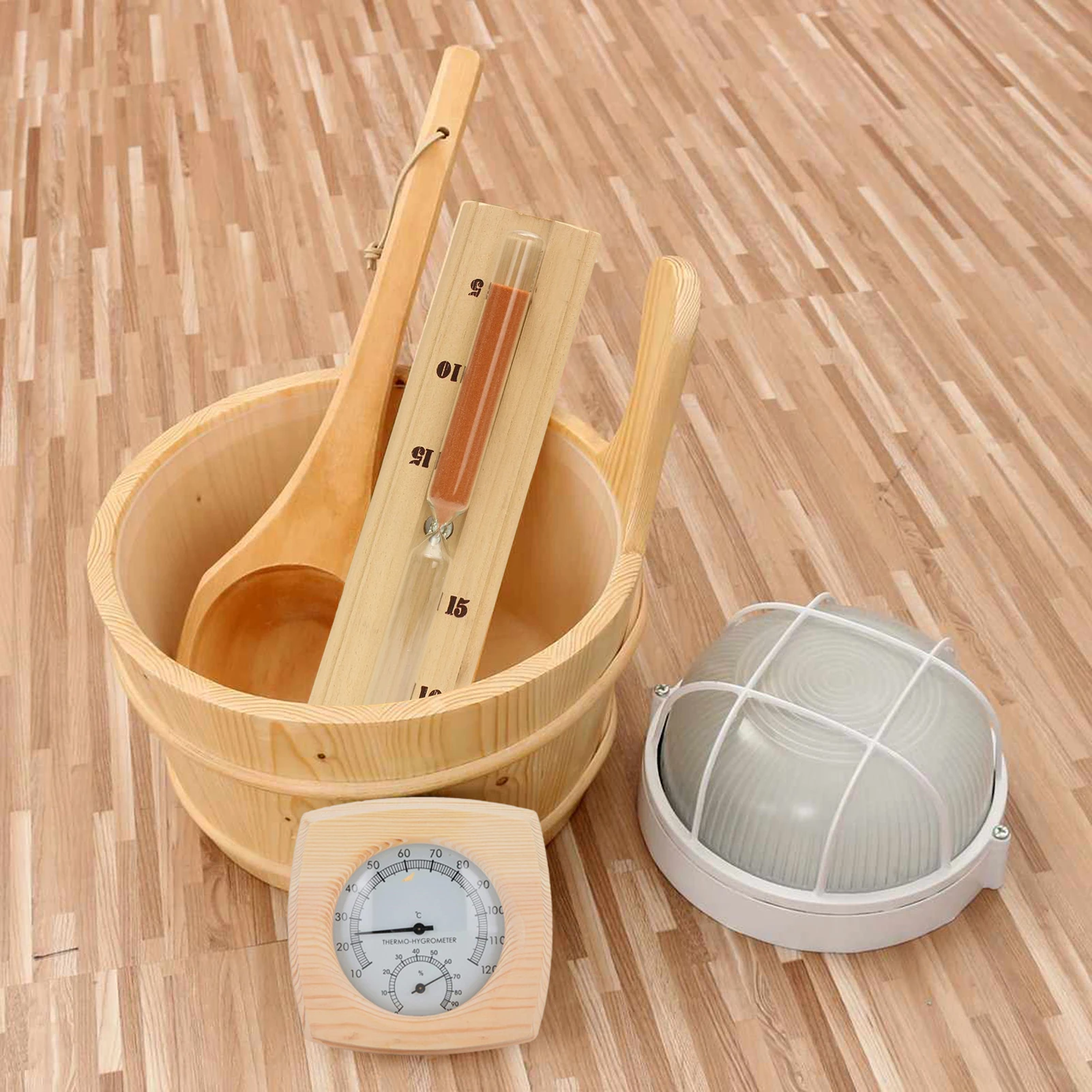 

Wooden Sauna Bucket With Bucket,Spoon,Hourglass,Thermometer And Hygrometer, Lampshade,Essential Spa Accessory For Steams Room