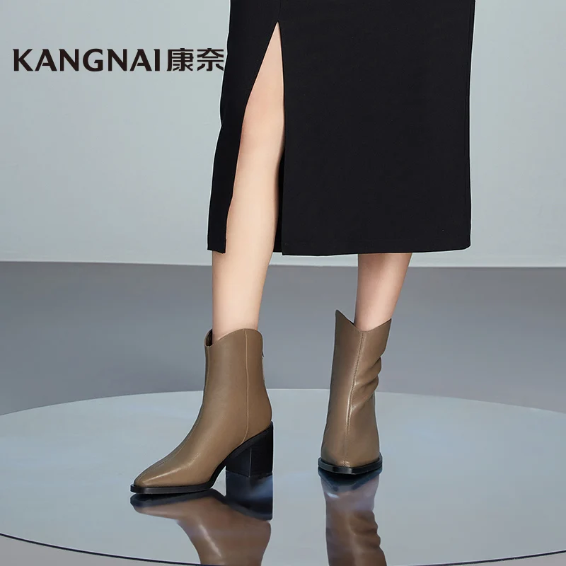 

Ботильоны Kangnai, женские туфли-лодочки из коровьей кожи, короткие плюшевые сапоги для верховой езды, женская зимняя обувь с острым носком на высоком каблуке