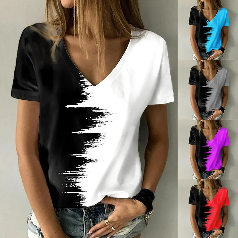 

Women's Summer Casual Oversize Print Shirt V Neck Short Sleeve Tops Loose Vintage Female Tee Y2K Tops Mujer Camisetas