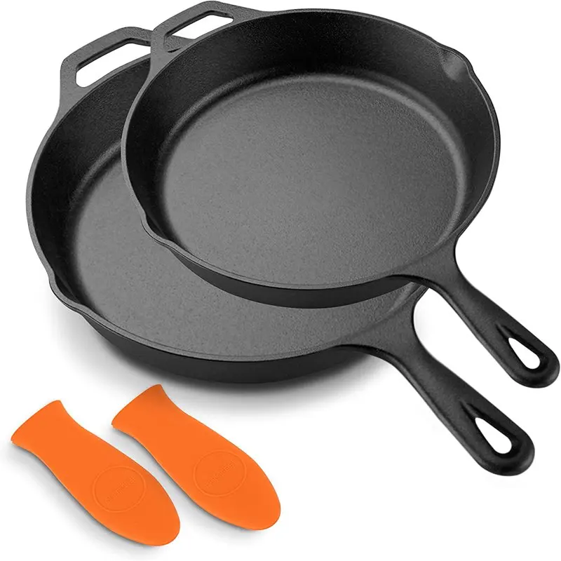 

Fast Shipping 10inch and 12inch Pre-Seasoned Cast Iron Skillet - Non-stick Cooking Pan With Assist Silicone Handle (2-Piece Set)