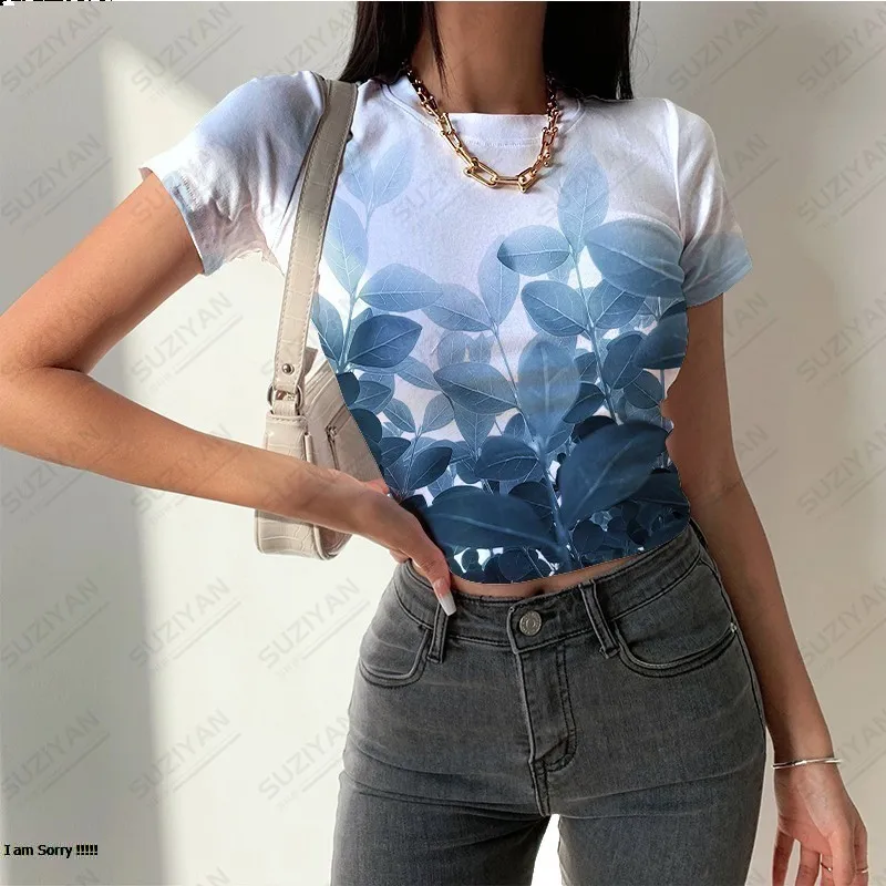 

New Women's Short Sleeve Round Neck Top Casual Tight Sexy T-shirt Hot Selling Temperament Fragmented 3D Printing Breathable Top