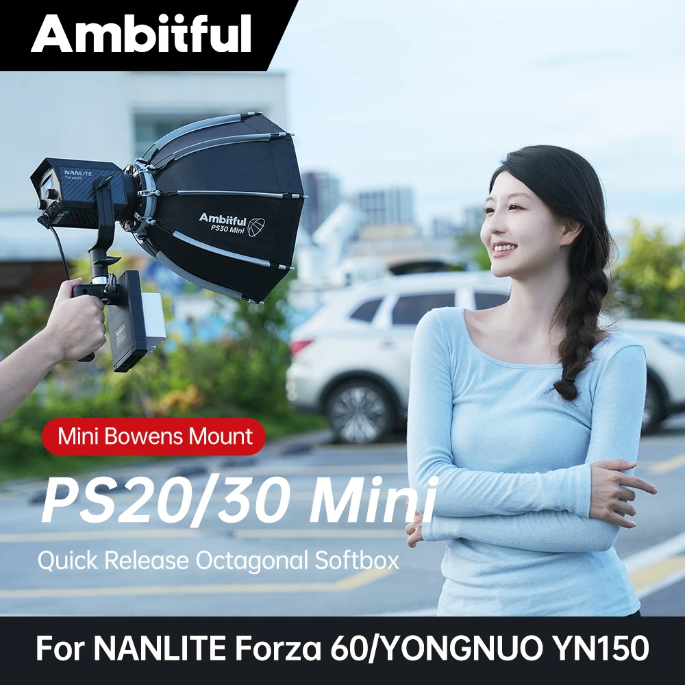 Фото AMBITFUL PS22/30II Быстроразборный восьмиугольный софтбокс с креплением Bowens для LED-осветителей, совместимый с NANLITE Forza 60 и YONGNUO YN150 №1