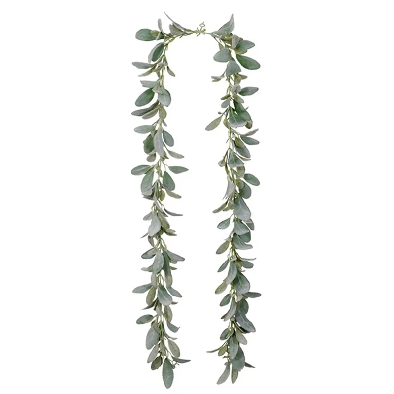 

3X Artificial Flocked Lambs Ear Garland - 2Meter Soft Faux Vine Greenery And Leaves For Farmhouse Mantel Decor