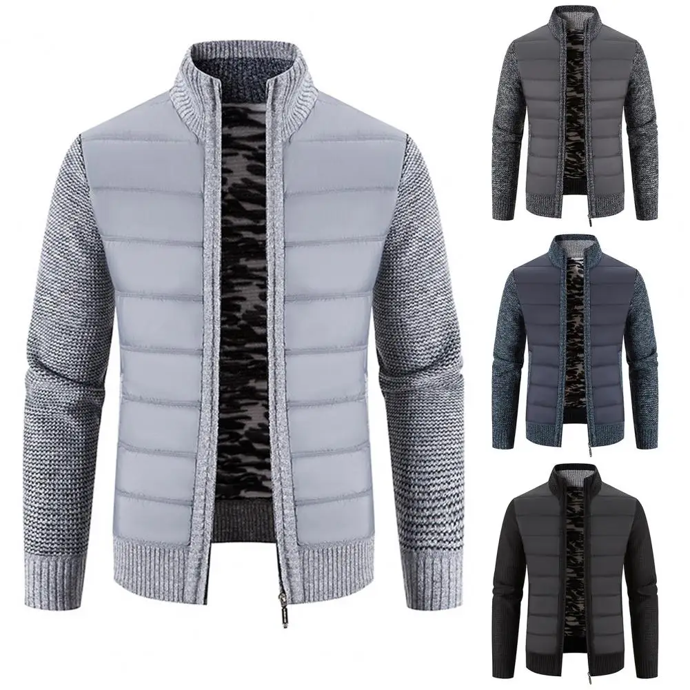 Autumn Winter Sweater Coat Thicken Patchwork Stand Collar Coldproof Plush Lining Jacket for Daily Wear
