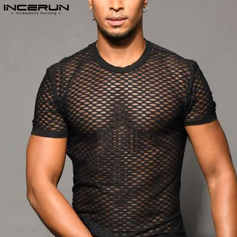 

INCERUN Men's See-through Blouse Breathable Mesh Tops 2022 Party Nightclub Male Sexy Leisure Backless Short Sleeves Shirt S-5XL