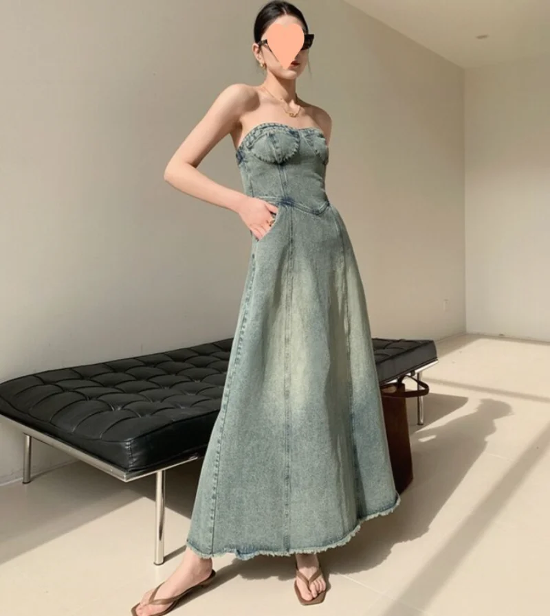 

Elegant Denim Dress for Women 2023 New Denim Dresses for Women Summer Elegant Sleeveless A-line High Waist Solid Y2k Dress