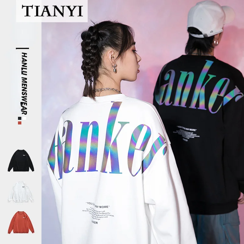 

Large Size Men's Couple Clothes Trendy Sweaters for Men and Women Colorful Letters Reflective Printing Loose Tops Couples