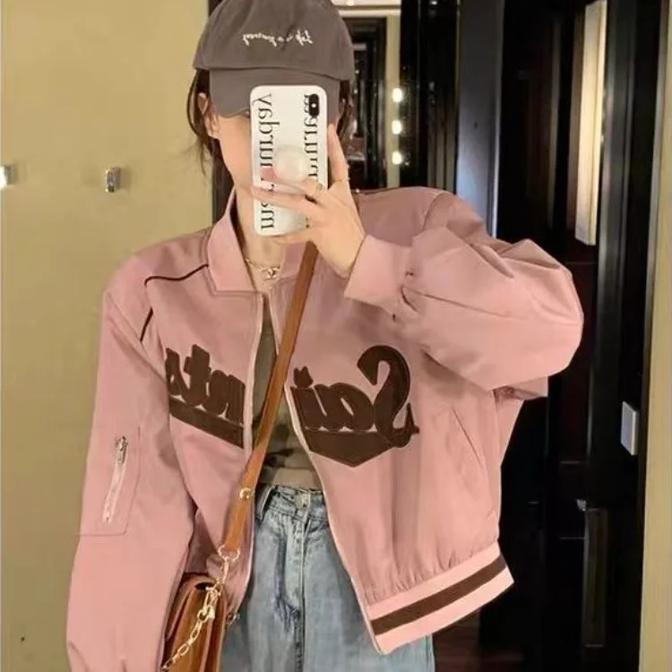 

Korean Kpop Letter Embroidery Baseball Jackets Autumn New Long Sleeve Jacket Mujer Y2k Grunge Stand Collar Zipper Coat Women